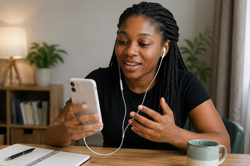 A woman recording Nigerian Pidgin phrases on her phone in a quiet room