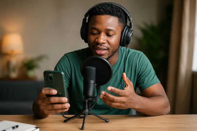 A man recording Nigerian Pidgin phrases on his phone in a quiet room