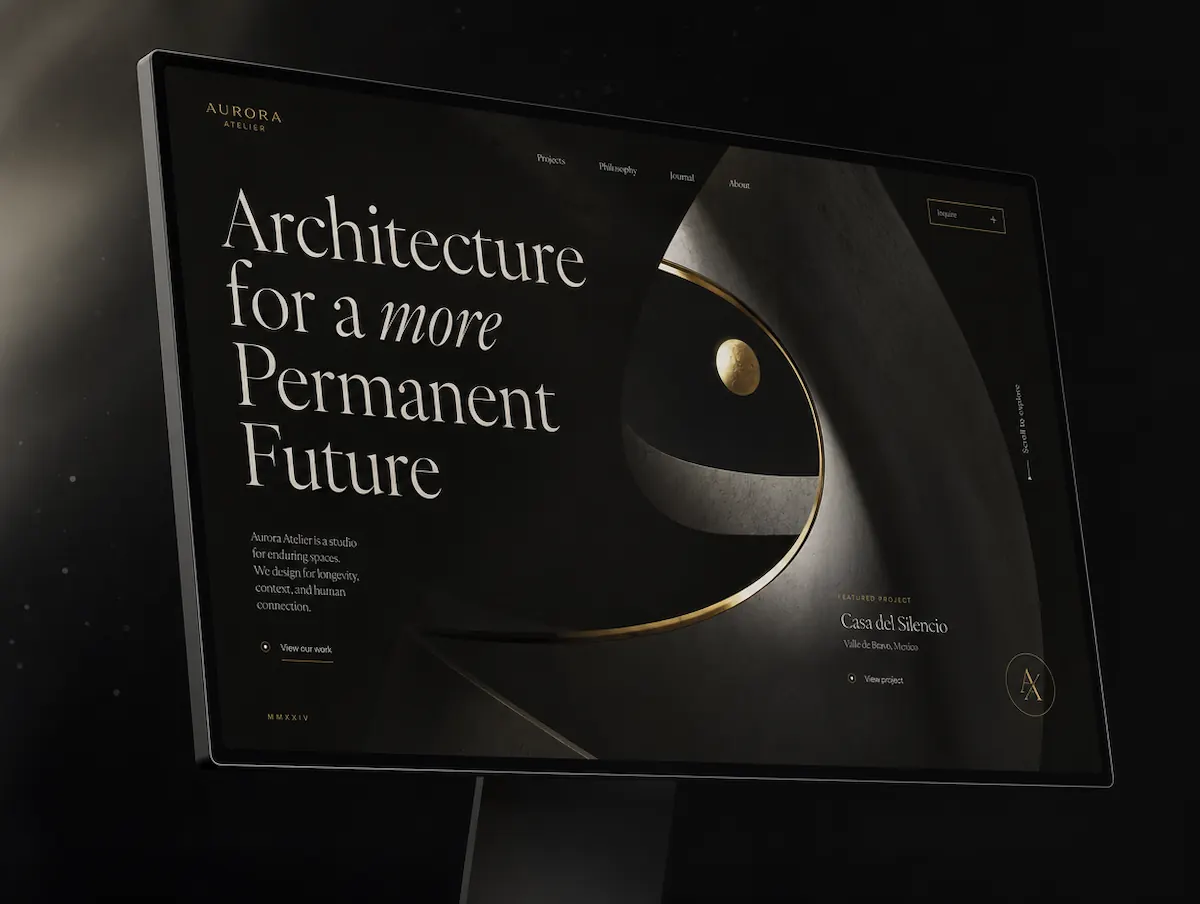 A distinctive custom-built brand website displayed on a large monitor