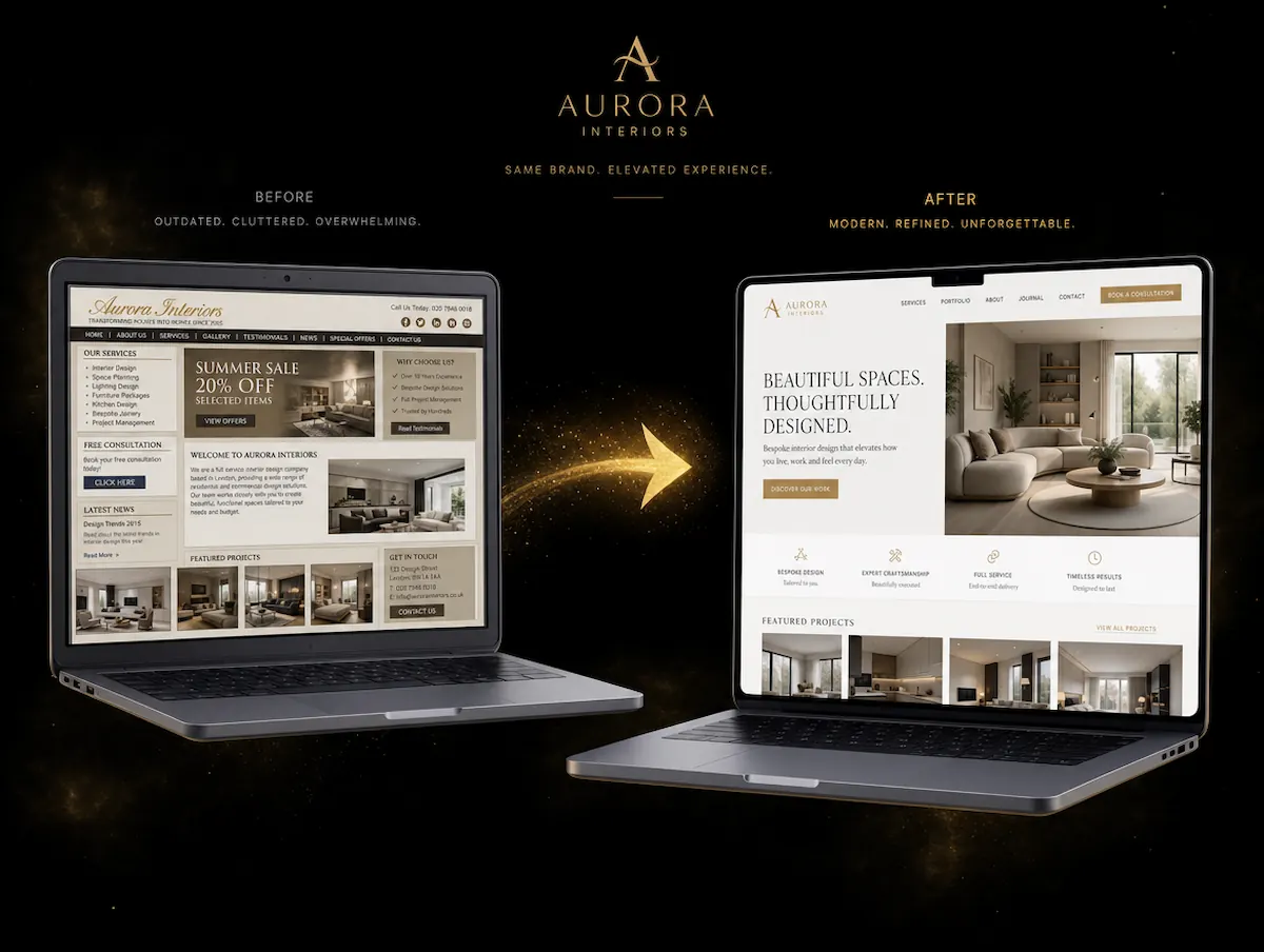 A before-and-after migration: an outdated website rebuilt as a modern one